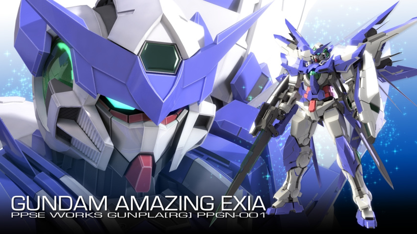 3d blue_eyes character_name fake_box_art gundam gundam_amazing_exia gundam_build_fighters holding holding_sword holding_weapon light_particles mecha mechanical_wings mikumikudance multiple_views official_style sword v-fin weapon wings zefai