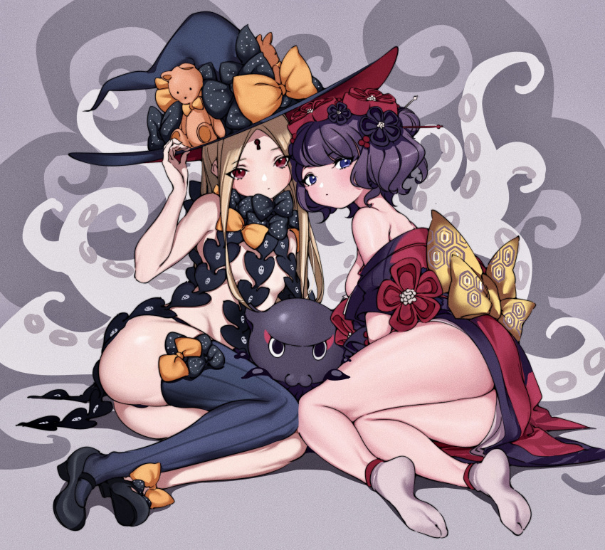 2girls abigail_williams_(fate/grand_order) absurdres ass bangs bare_shoulders black_bow black_footwear black_headwear black_legwear black_panties blonde_hair blue_kimono bow breasts closed_mouth fate/grand_order fate_(series) forehead hair_ornament hairpin hat highres japanese_clothes katsushika_hokusai_(fate/grand_order) keyhole kimono lamsass legs long_hair medium_breasts multiple_bows multiple_girls navel octopus off_shoulder orange_bow panties parted_bangs purple_hair red_eyes red_kimono short_hair single_thighhigh small_breasts socks stuffed_animal stuffed_toy teddy_bear tentacles thigh-highs thighs tokitarou_(fate/grand_order) underwear violet_eyes wide_sleeves witch_hat