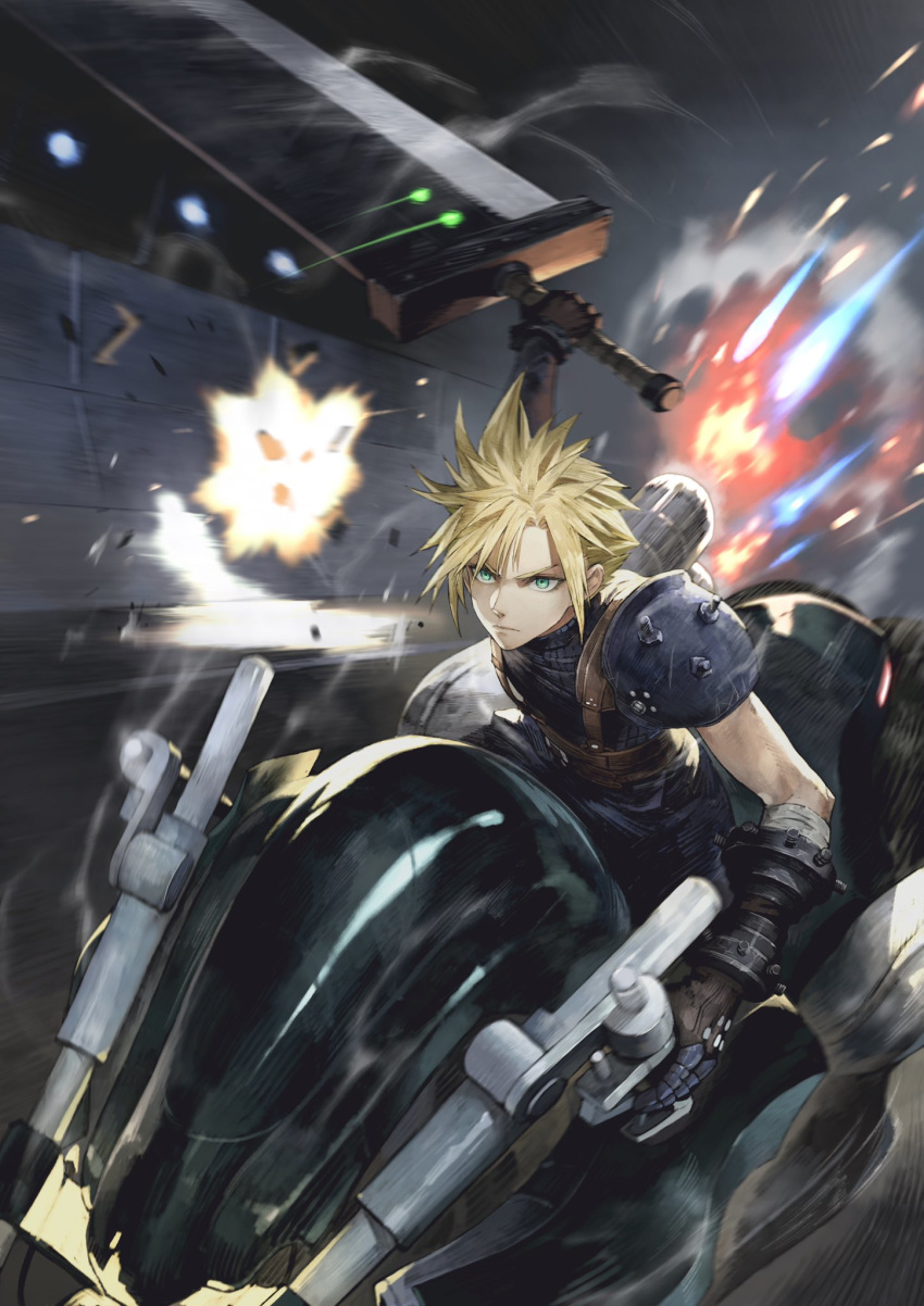 1boy aqua_eyes arm_guards asymmetrical_bangs bangs black_gloves black_shirt blonde_hair buster_sword closed_mouth cloud_strife commentary explosion final_fantasy final_fantasy_vii final_fantasy_vii_remake gloves ground_vehicle highres holding holding_sword holding_weapon huge_weapon jun_(seojh1029) motion_blur motor_vehicle motorcycle night outdoors parted_bangs ribbed_shirt riding road shirt short_hair shoulder_armor solo spiky_hair street swinging sword weapon