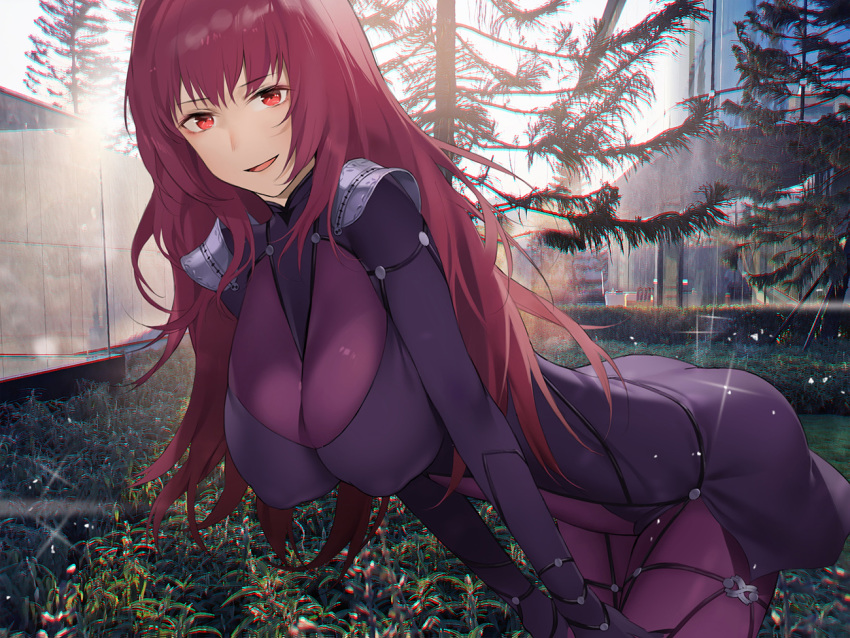 1girl ass backlighting bangs bodysuit breasts fate/grand_order fate_(series) large_breasts leaning_forward long_hair looking_at_viewer neee-t open_mouth outdoors pauldrons purple_bodysuit purple_hair red_eyes scathach_(fate)_(all) scathach_(fate/grand_order) shoulder_armor smile thighs tree