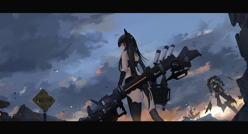 3girls absurdres ammunition_belt architect_(girls_frontline) asymmetrical_hair asymmetrical_legwear bandeau belt black_gloves black_hair blue_sky boots capacitor cleavage_cutout clouds commentary_request concrete destroyer_(girls_frontline) drill_hair drone dutch_angle elbow_gloves emblem energy_gun gas_mask girls_frontline gloves glowing glowing_eyes hair_tubes highres letterboxed long_hair looking_back multiple_girls orange_eyes pink_eyes rebar road_sign rubble sangvis_ferri scarecrow_(girls_frontline) shorts sign signpost sky thigh-highs twilight twintails very_long_hair waist_cape weapon white_hair wjn-rance yellow_eyes