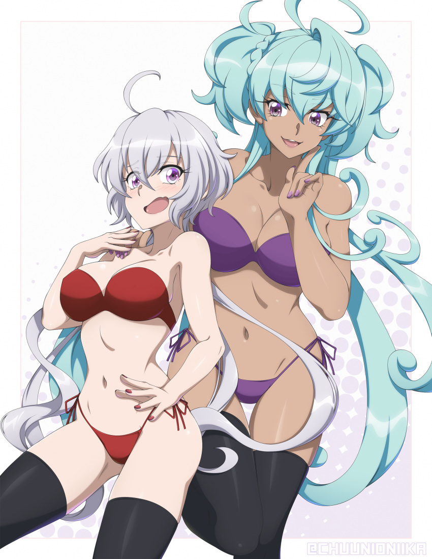 2girls absurdres ahoge aqua_hair artist_name between_breasts bikini black_legwear braid breasts cagliostro_(symphogear) chuunioniika collarbone commission dark_skin highres hip_bones large_breasts long_hair low_twintails midriff multiple_girls nail_polish navel open_mouth purple_bikini red_bikini senki_zesshou_symphogear side-tie_bikini silver_hair smile strapless strapless_bikini swimsuit thigh-highs twintails two_side_up very_long_hair violet_eyes yukine_chris