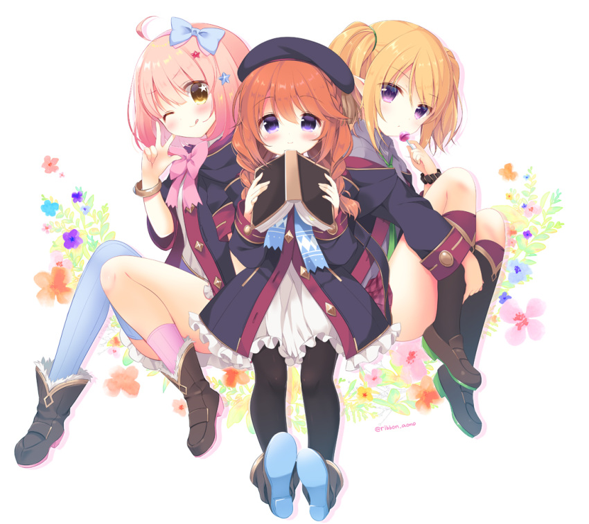 3girls ;q ahoge aono_ribbon bangs black_coat black_legwear blonde_hair blue_bow blue_flower blue_legwear blush book boots bow brown_flower brown_footwear brown_hair candy chieru_(princess_connect!) chloe_(princess_connect!) closed_mouth coat collared_shirt commentary_request dress eyebrows_visible_through_hair flower food green_neckwear grey_shirt hair_between_eyes hair_bow hair_ornament hair_over_shoulder hand_up holding holding_book holding_food holding_lollipop hood hood_down hooded_coat kneehighs loafers lollipop long_hair long_sleeves multiple_girls necktie one_eye_closed open_book open_clothes open_coat pantyhose pink_bow pink_hair pink_legwear plaid plaid_skirt pleated_skirt pointy_ears princess_connect! princess_connect!_re:dive purple_flower red_flower red_skirt ribbed_legwear shirt shoe_soles shoes sidelocks single_sock single_thighhigh skirt smile socks star_(symbol) star_hair_ornament star_in_eye symbol_in_eye thigh-highs tongue tongue_out twintails twitter_username violet_eyes w white_background white_dress yellow_flower yuni_(princess_connect!)