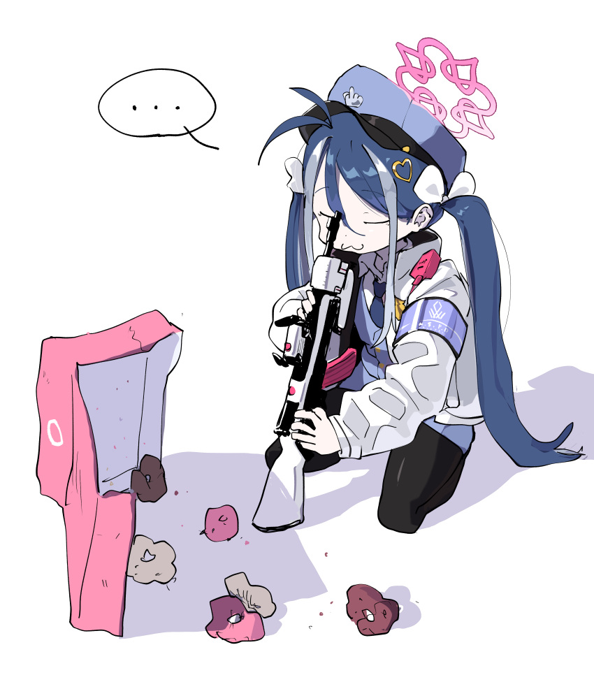 ... 1girl :3 absurdres antenna_hair black_pantyhose blue_archive blue_armband blue_hair blue_necktie blue_skirt blue_vest bow closed_eyes closed_mouth collared_shirt commentary_request doughnut food fubuki_(blue_archive) grey_hair gun gun_to_head hair_between_eyes hair_bow hair_ornament halo hat heart heart_hair_ornament highres holding holding_gun holding_weapon jacket kneeling korean_commentary multicolored_hair multiple_hair_bows nangnangnang necktie old-fashioned_doughnut open_clothes open_jacket pantyhose pastry_box pencil_skirt police police_hat police_uniform rifle shirt sidelocks skirt solo spoken_ellipsis streaked_hair twintails uniform vest walkie-talkie weapon white_background white_bow white_jacket white_shirt