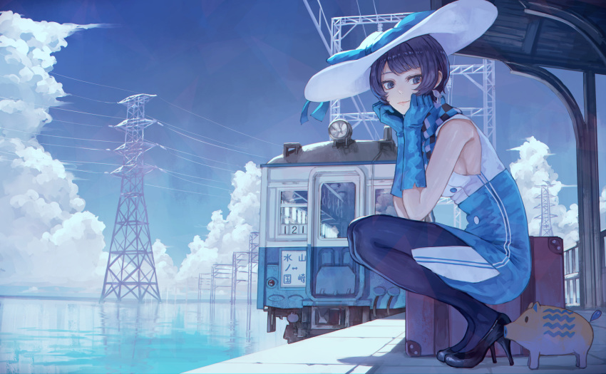 1girl bangs black_footwear blue_dress blue_eyes blue_gloves blue_hair clouds cloudy_sky commentary_request day dress gloves ground_vehicle hat highres looking_at_viewer ocean outdoors pig shoes short_hair sky sleeveless sleeveless_dress smile solo suntory suntory_nomu train virtual_youtuber water white_dress white_headwear yasukura_(shibu11)