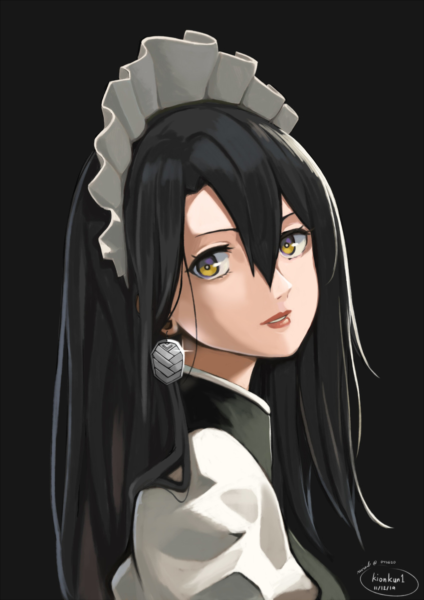 1girl agent_(girls_frontline) alternate_hairstyle artist_name black_background black_hair commentary dated drop_earrings earrings emblem english_commentary engrish_commentary eyelashes from_side girls_frontline highres jewelry kion-kun lips lipstick long_hair looking_at_viewer maid maid_headdress makeup no_hair_ornament parted_lips sangvis_ferri simple_background solo upper_body yellow_eyes