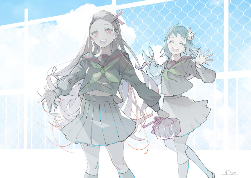 2girls :d ^_^ ^o^ alternate_costume bangs black_hair black_legwear black_shirt black_skirt blue_sky breasts chain-link_fence closed_eyes clouds cloudy_sky commentary cowboy_shot day eyelashes fence fox_mask green_neckwear hair_ribbon highres holding kamado_nezuko kimetsu_no_yaiba kiyotsugu kneehighs long_hair looking_at_viewer makomo_(kimetsu) mask mask_on_head midriff_peek miniskirt multiple_girls obentou open_mouth outdoors outstretched_hand pink_eyes pleated_skirt ribbon rooftop sailor_collar school_uniform serafuku shirt short_hair signature skirt sky small_breasts smile straight_hair swept_bangs thighs waving