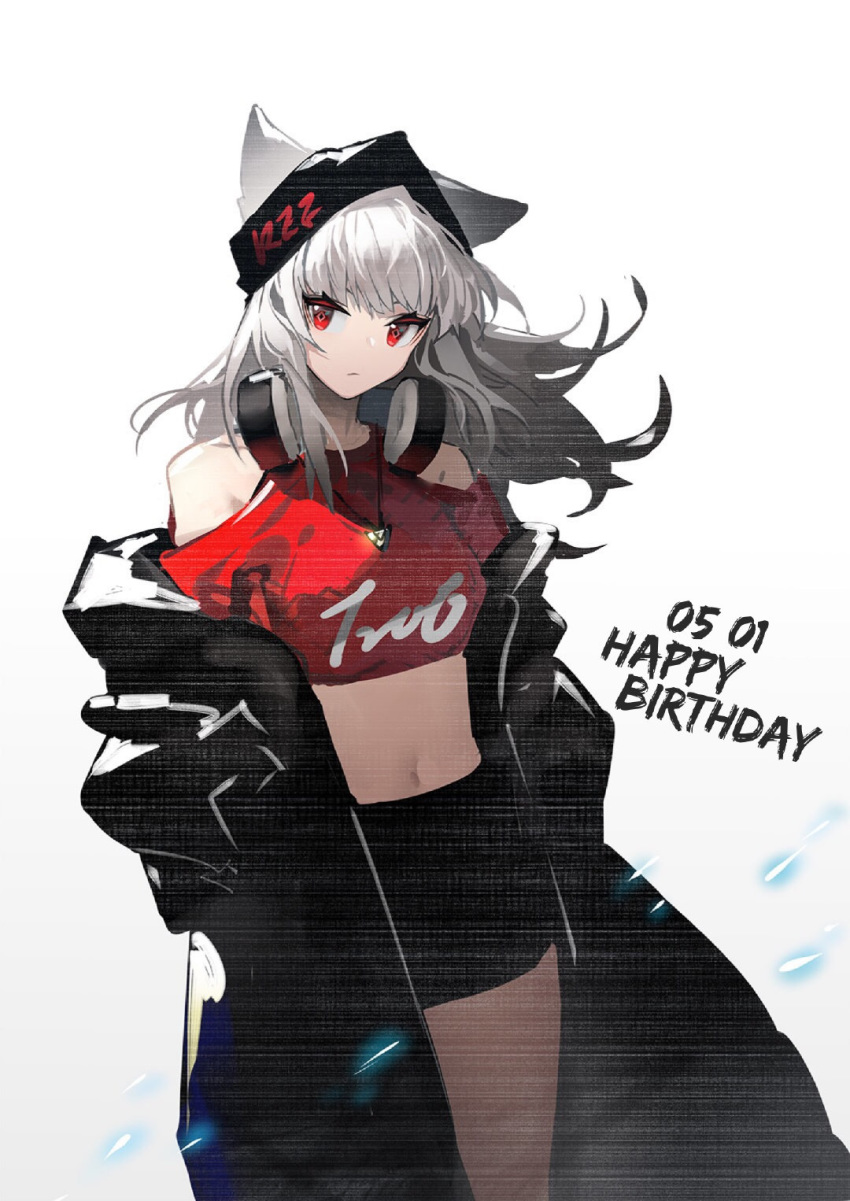 1girl animal_ears arknights bare_shoulders beanie black_coat black_headwear black_shorts breasts coat cowboy_shot crop_top ears_through_headwear fox_ears frostleaf_(arknights) hands_in_pockets happy_birthday hat headphones headphones_around_neck highres jewelry long_hair looking_at_viewer midriff navel necklace off_shoulder open_clothes open_coat red_eyes red_shirt shirt short_shorts shorts shoulder_cutout silver_hair simple_background small_breasts solo stomach thighs white_background xiayehongming