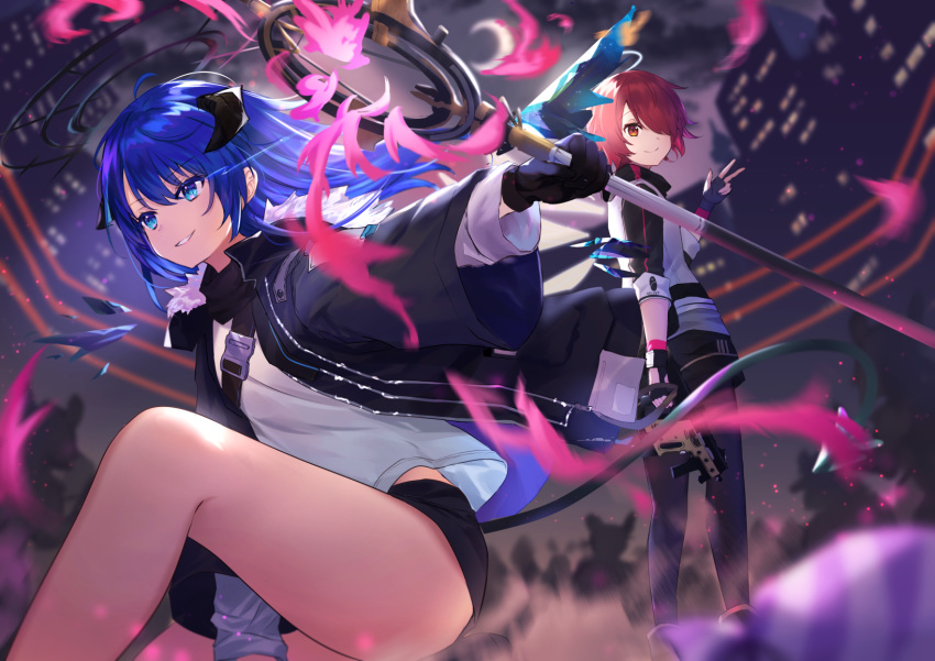 2girls arknights black_jacket black_shorts blue_eyes blue_hair exusiai_(arknights) grin gun halo highres holding horns jacket kriss_vector long_hair mostima_(arknights) multiple_girls omelet_tomato open_clothes open_jacket originium_arts_(arknights) red_eyes redhead shirt short_hair short_shorts shorts smile staff submachine_gun thighs weapon white_shirt wings