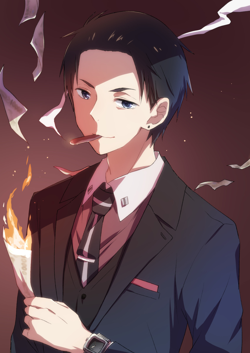 1boy absurdres black_eyes black_hair cigar earrings fire formal fugou_keiji_balance:unlimited highres jewelry kanbe_daisuke looking_at_viewer male_focus money necktie nyaa_(nnekoron) short_hair simple_background smoke smoking solo suit upper_body watch watch