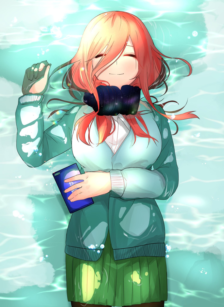 1girl arm_under_breasts bangs black_legwear blue_cardigan blue_sweater breasts brown_hair cardigan cellphone closed_eyes closed_mouth commentary_request dress_shirt go-toubun_no_hanayome green_skirt hair_between_eyes headphones headphones_around_neck highres holding holding_phone large_breasts long_hair lying mojyu_saico nakano_miku on_back pantyhose partially_submerged phone pleated_skirt shirt skirt smartphone smile sweater water wet white_shirt