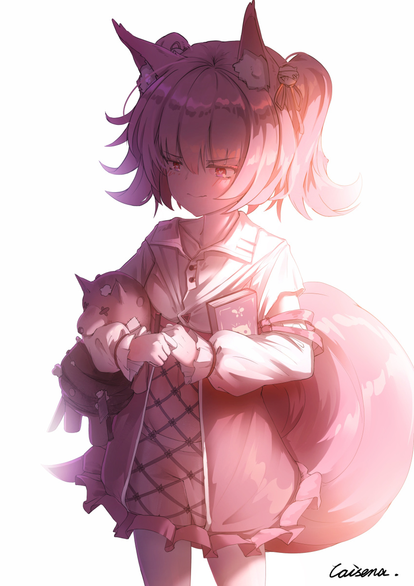 1girl absurdres animal_ear_fluff animal_ears arknights backlighting bangs blush book caisena closed_mouth collarbone collared_shirt cowboy_shot eyebrows_visible_through_hair fox_ears fox_girl fox_tail frilled_skirt frills hair_ornament heart heart-shaped_pupils highres holding holding_book holding_stuffed_animal looking_away midriff navel pink_hair pink_skirt red_eyes see-through shamare_(arknights) shirt short_hair signature skirt smile solo standing stuffed_animal stuffed_toy symbol-shaped_pupils tail twintails white_background white_shirt