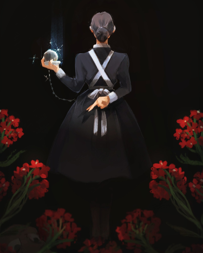 1girl apron arm_behind_back birdfrogdraws black_background black_clothes black_dress black_hair chain commentary crossed_fingers dress english_commentary flower from_behind hair_bun highres holding isabella_(yakusoku_no_neverland) long_sleeves medium_hair red_flower simple_background solo sparkle standing white_apron yakusoku_no_neverland
