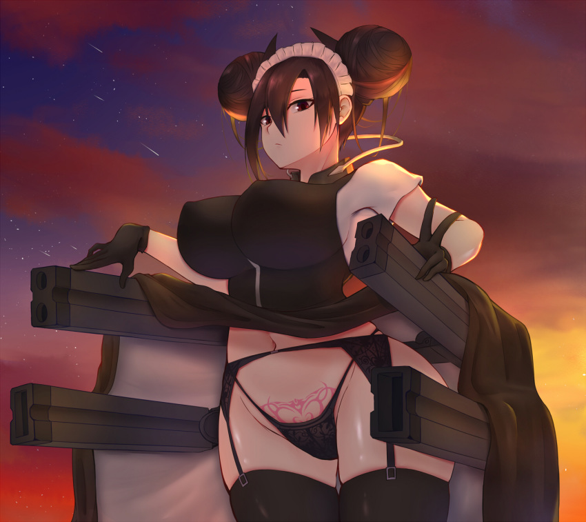1girl agent_(girls_frontline) asymmetrical_hair black_dress black_gloves black_hair black_legwear breasts brown_eyes cannon chinese_commentary closed_mouth clouds commentary_request cowboy_shot double_bun dress evening finger_drag garter_belt garter_straps girls_frontline gloves gun hair_ornament highres holding holding_gun holding_weapon lace lace_panties large_breasts looking_at_viewer maid maid_headdress mechanical_arm mechanical_parts messy_hair navel panties pao_mian+dan pubic_tattoo red_sky sangvis_ferri shooting_star short_hair_with_long_locks short_sleeves sidelocks skindentation sky solo star_(sky) starry_sky sunset tattoo thigh-highs thighs tsurime underwear v weapon
