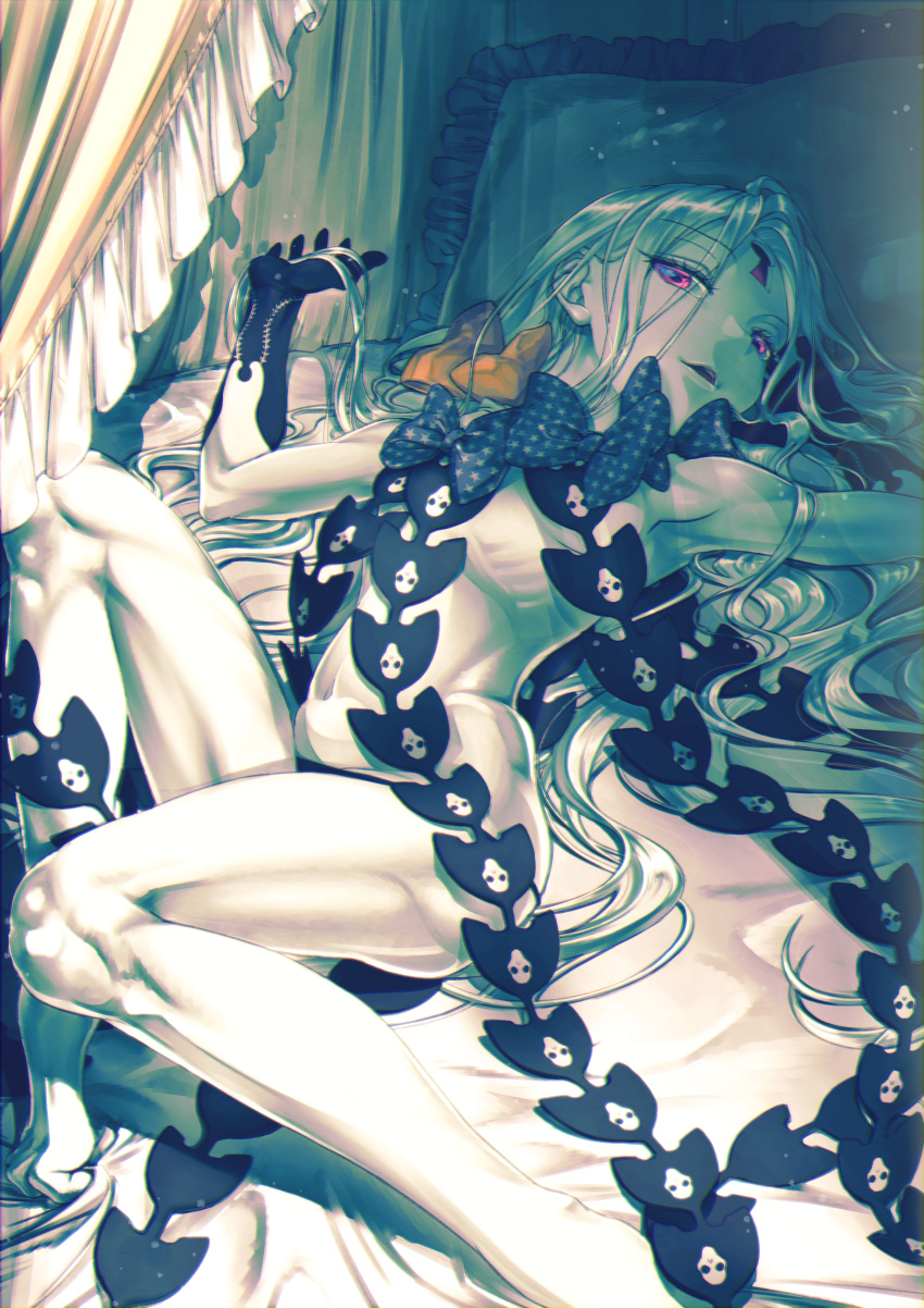 1girl abigail_williams_(fate/grand_order) absurdres bangs bare_shoulders black_bow black_panties bow breasts fate/grand_order fate_(series) forehead hayosena highres huge_filesize keyhole knee_up long_hair lying multiple_bows navel on_back on_bed orange_bow panties parted_bangs pillow pink_eyes skull_print small_breasts star_(symbol) star_print thighs underwear very_long_hair white_hair white_skin