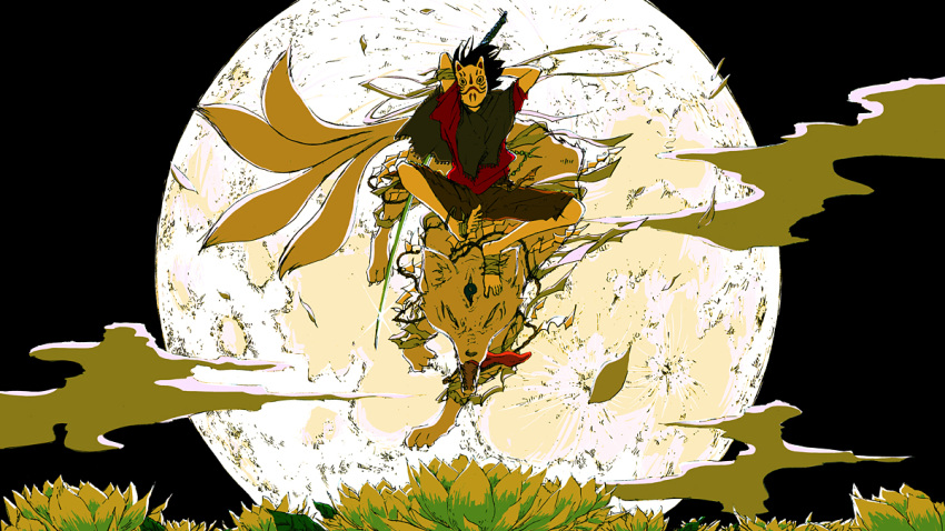 1boy arms_behind_head arms_up attack bandaged_arm bandaged_feet bandages beads black_hair black_shawl black_shorts clouds commentary_request covered_face facial_mark floating_hair flower forehead_mark fox fox_mask fringe_trim full_moon glint holding holding_sword holding_weapon incoming_attack jumping kawano kitsune lotus male_focus mask midair moon multiple_tails niconico night night_sky open_mouth original outdoors petals red_shirt riding rope shirt short_sleeves shorts sky sword tail third_eye tongue tongue_out tsukiakari_(vocaloid) unsheathed vocaloid weapon