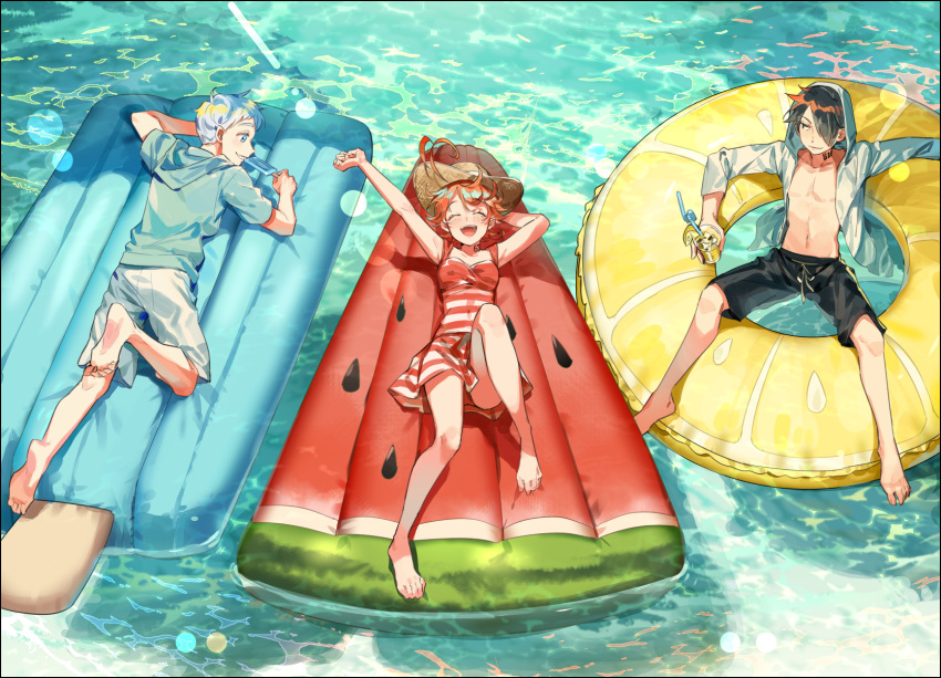 1girl 2boys ahoge arm_up bangs bare_shoulders barefoot black_hair black_shorts blue_eyes blue_shirt closed_eyes collarbone commentary_request dress emma_(yakusoku_no_neverland) food full_body grey_shirt grey_shorts hair_between_eyes hair_over_one_eye hat highres holding holding_food hood hood_down hooded_shirt ice_cream long_sleeves looking_at_another lying multiple_boys neck_tattoo norman_(yakusoku_no_neverland) number_tattoo on_back on_stomach open_clothes open_mouth orange_hair ray_(yakusoku_no_neverland) red_dress shirt short_hair short_sleeves shorts silver_hair smile straw_hat striped striped_dress tattoo water yakusoku_no_neverland yala1453