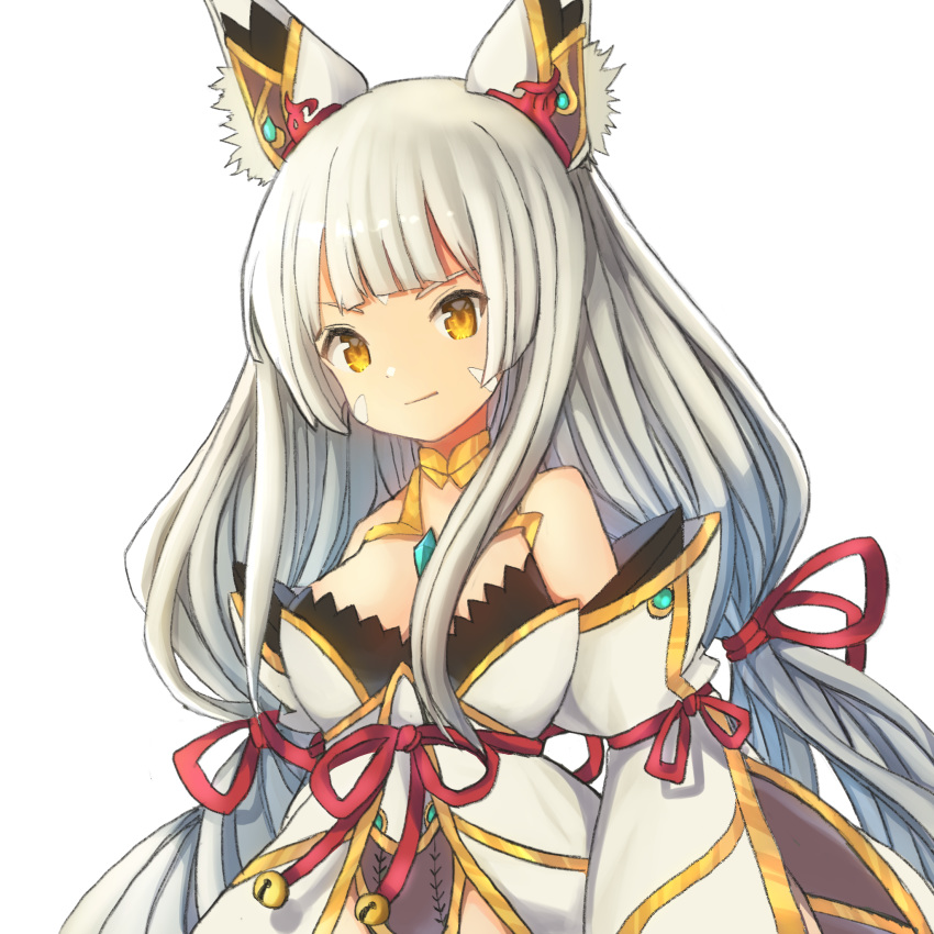 1girl animal_ears bangs bare_shoulders blush breasts cat_ears gloves highleg highleg_leotard highres large_breasts leotard long_hair looking_at_viewer mare_(umikamiko) marekamico niyah niyah_(blade) ribbon silver_hair simple_background smile solo spoilers tied_hair twintails white_gloves xenoblade_(series) xenoblade_2 yellow_eyes