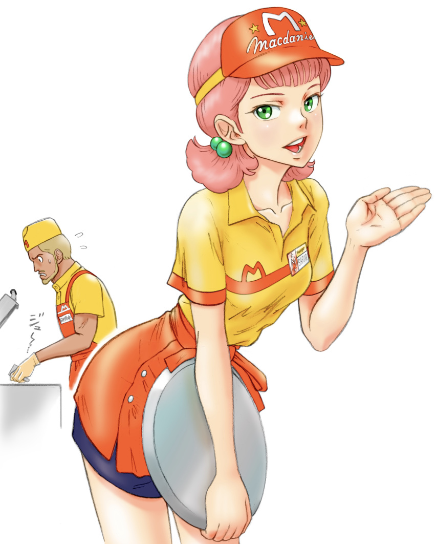 :d absurdres aobito_sukayaka_bystander apron brand_name_imitation cooking gloves green_eyes gundam hair_bobbles hair_ornament henken_bekkener highres leaning_forward open_mouth pink_hair sarah_zabiarov shirt short_hair short_sleeves shorts simple_background smile visor_cap waitress white_background yellow_gloves yellow_shirt zeta_gundam