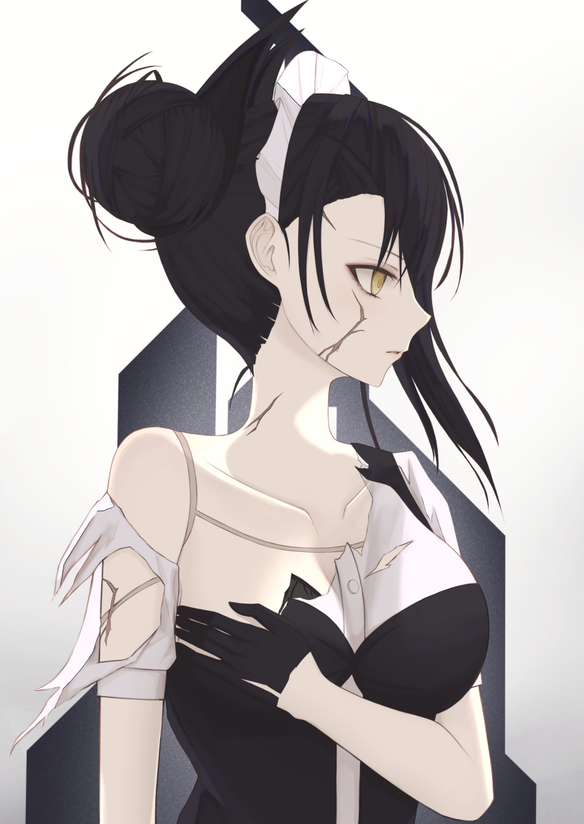 1girl absurdres agent_(girls_frontline) android artificial_skin asymmetrical_hair black_hair collarbone covering covering_breasts cracked_skin damaged double_bun dress emblem eyeliner eyeshadow girls_frontline gloves gradient gradient_background grey_background hair_ornament half_gloves highres lips looking_to_the_side maid_headdress makeup parted_lips sangvis_ferri shirt short_hair_with_long_locks sidelocks skin_seam solo thomas_8000 torn_clothes torn_dress torn_shirt tsurime upper_body yellow_eyes