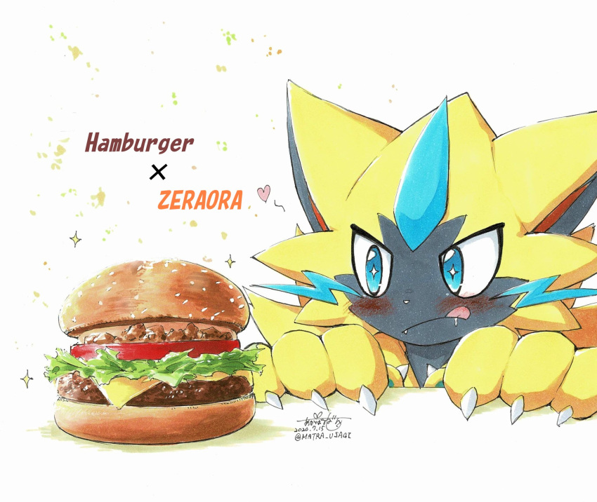 +_+ :q artist_name blue_eyes blush character_name commentary_request dated drooling food furry gen_7_pokemon hamburger heart highres lettuce matra_usagi mythical_pokemon no_humans pokemon pokemon_(creature) saliva sesame_seeds sliced_cheese solo sparkle tomato tongue tongue_out zeraora
