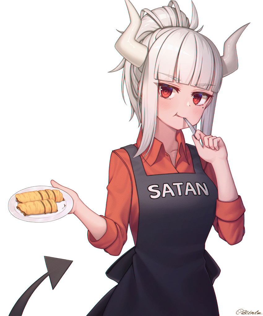 1girl absurdres apron artist_name bangs bintz black_apron blunt_bangs blush breasts collarbone collared_shirt demon_horns demon_tail eyebrows_visible_through_hair food fork fork_in_mouth grin helltaker highres holding holding_fork holding_plate horns looking_at_viewer lucifer_(helltaker) medium_breasts mole mole_under_eye pancake parted_lips plate red_eyes red_shirt shirt short_hair short_ponytail sidelocks signature smile solo tail white_hair