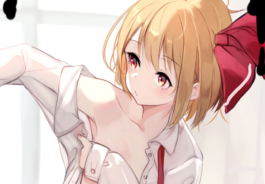 1girl armpits blonde_hair closed_mouth collared_shirt flat_chest hair_ribbon homo_1121 long_sleeves necktie open_clothes open_shirt red_eyes red_neckwear red_ribbon ribbon rumia shirt short_hair solo touhou undressing upper_body white_shirt wing_collar