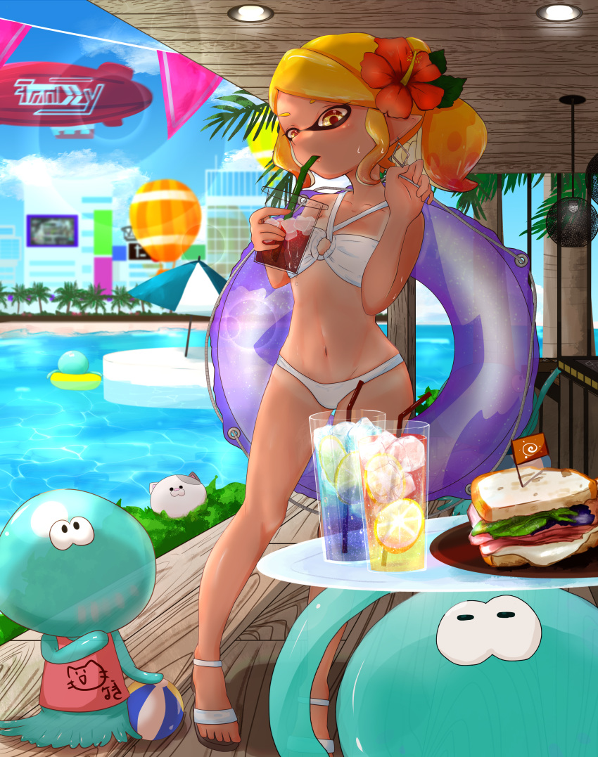 1girl absurdres aircraft beach_umbrella bikini blonde_hair blurry blurry_background building commentary cup day depth_of_field dirigible domino_mask drinking drinking_glass drinking_straw earrings flower food fruit hair_flower hair_ornament highres holding holding_cup holding_innertube huge_filesize ice inkling innertube jellyfish_(splatoon) jewelry kojajji-kun_(splatoon) lemon lemon_slice lens_flare mask naki_tamago navel o-ring o-ring_bikini outdoors palm_tree pointy_ears ponytail pool_ladder red_flower sandals sandwich skindentation splatoon_(series) standing sweat swimsuit tan tentacle_hair tree umbrella white_bikini white_footwear yellow_eyes