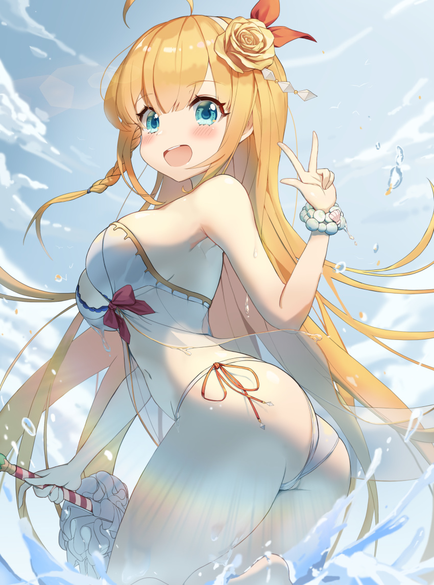 1girl absurdres ass bare_arms bare_shoulders bikini blonde_hair blue_eyes breasts clouds day flower from_side hair_flower hair_ornament highres keureu_(tiqkdtiqkd10) large_breasts lens_flare looking_at_viewer navel open_mouth outdoors pecorine princess_connect! princess_connect!_re:dive rose side-tie_bikini smile solo splashing summer swimsuit v wading white_bikini yellow_flower yellow_rose
