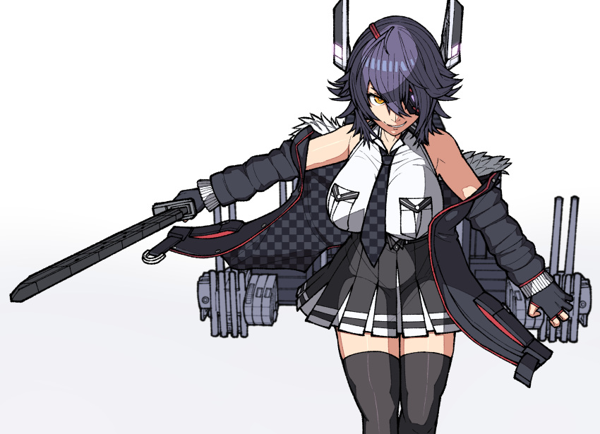 1girl absurdres black_gloves breasts checkered checkered_neckwear commentary_request cowboy_shot eyepatch fur-trimmed_jacket fur_trim gloves hair_ornament hairclip headgear highres jacket kantai_collection karasuma_kuraha large_breasts looking_at_viewer machinery necktie partly_fingerless_gloves purple_hair remodel_(kantai_collection) shirt short_hair simple_background sleeveless sleeveless_shirt smile solo standing sword tenryuu_(kantai_collection) thigh-highs weapon white_background white_shirt yellow_eyes