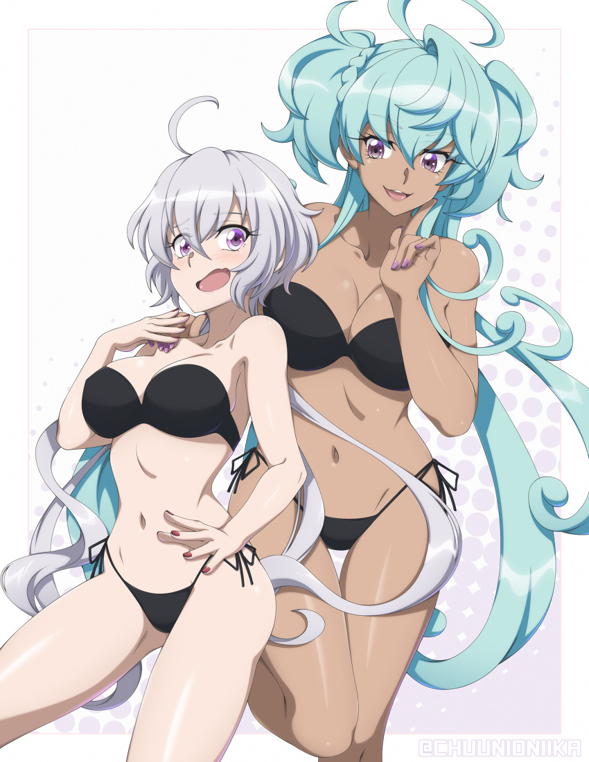 2girls absurdres ahoge aqua_hair artist_name between_breasts black_bra black_panties bra braid breasts cagliostro_(symphogear) chuunioniika collarbone commission dark_skin highres hip_bones large_breasts long_hair low_twintails midriff multiple_girls nail_polish navel open_mouth panties senki_zesshou_symphogear side-tie_panties silver_hair smile strapless strapless_bra twintails two_side_up underwear very_long_hair violet_eyes yukine_chris