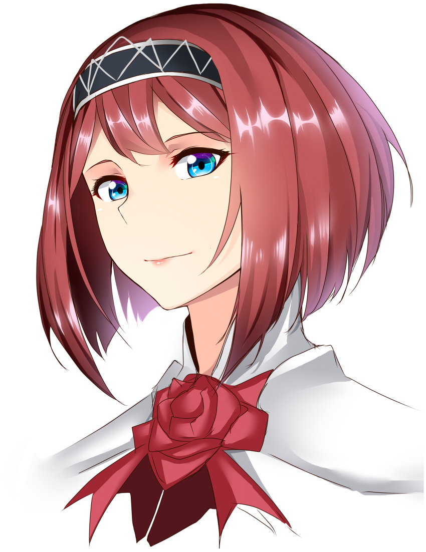 1girl absurdres ark_royal_(kantai_collection) bangs blue_eyes blunt_bangs bob_cut close-up closed_mouth eyelashes face flower highres inverted_bob kantai_collection lips obei_teitoku portrait red_flower red_ribbon red_rose redhead ribbon rose short_hair solo tiara white_background
