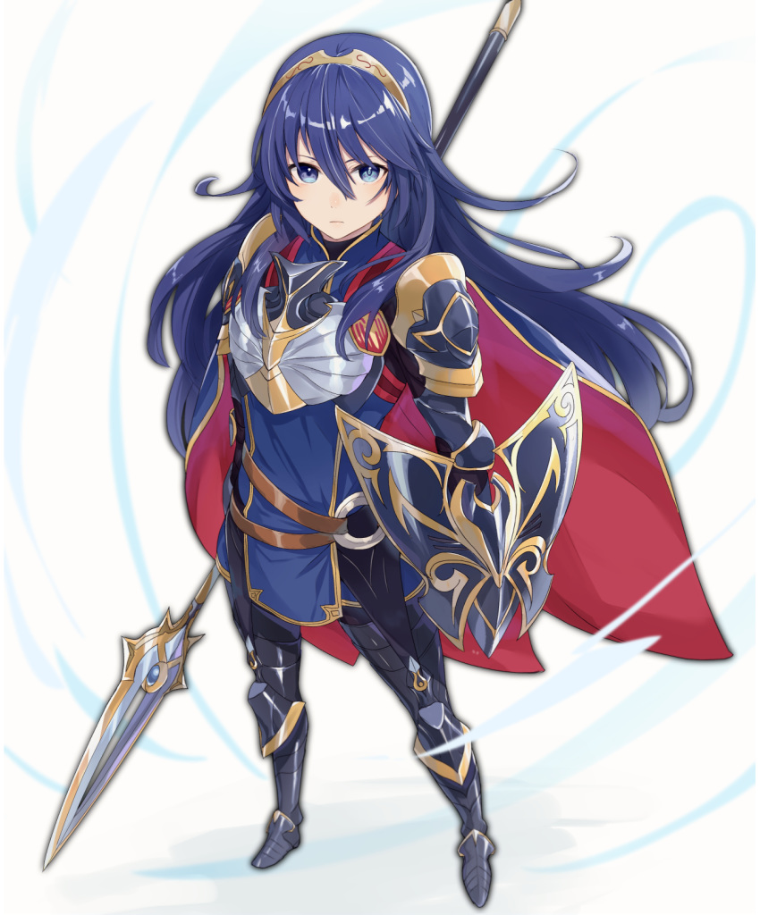 1girl blue_eyes blue_hair breastplate cape closed_mouth fire_emblem fire_emblem_awakening fire_emblem_heroes full_body haru_(nakajou-28) highres holding holding_shield long_hair lucina lucina_(fire_emblem) polearm shield simple_background solo tiara weapon white_background