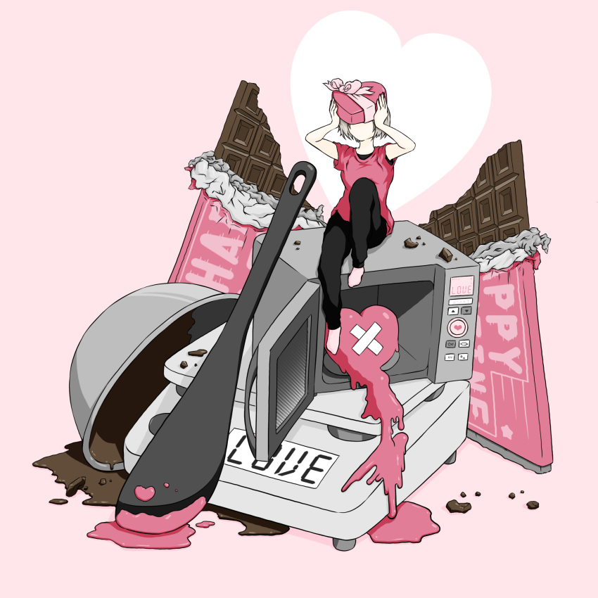 arms_up barefoot black_pants box candy chocolate chocolate_bar food haya-aporo heart heart-shaped_box highres microwave mixing_bowl original pants pink_background pink_shirt shirt short_hair sitting solo spatula valentine weighing_scale