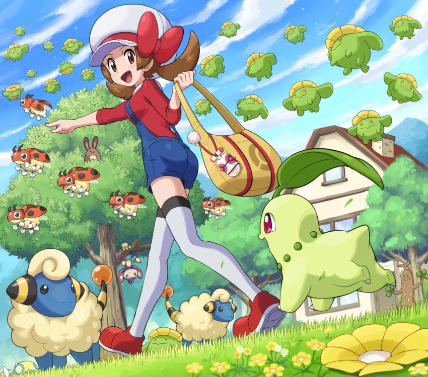 1girl :d aipom bag blue_overalls blush bow brown_eyes brown_hair building chikorita clouds day dunsparce eyelashes flower from_below from_side gen_2_pokemon grass hat hat_bow highres holding holding_bag kotone_(pokemon) ledyba looking_down mareep open_mouth outdoors outstretched_arm overalls pointing pokemoa pokemon pokemon_(creature) pokemon_(game) pokemon_hgss red_bow red_footwear shoes skiploom sky smile starter_pokemon sudowoodo thigh-highs tongue tree twintails walking white_headwear white_legwear yellow_bag
