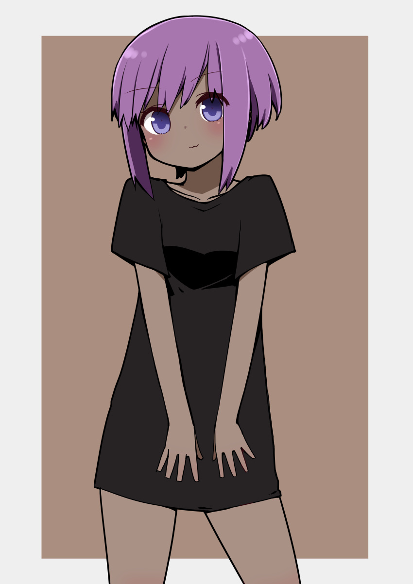 1girl :3 absurdres bangs black_shirt blush breasts brown_background closed_mouth dark_skin eyebrows_visible_through_hair fate/prototype fate/prototype:_fragments_of_blue_and_silver fate_(series) grey_background hassan_of_serenity_(fate) highres i.u.y purple_hair shirt short_sleeves small_breasts solo two-tone_background violet_eyes