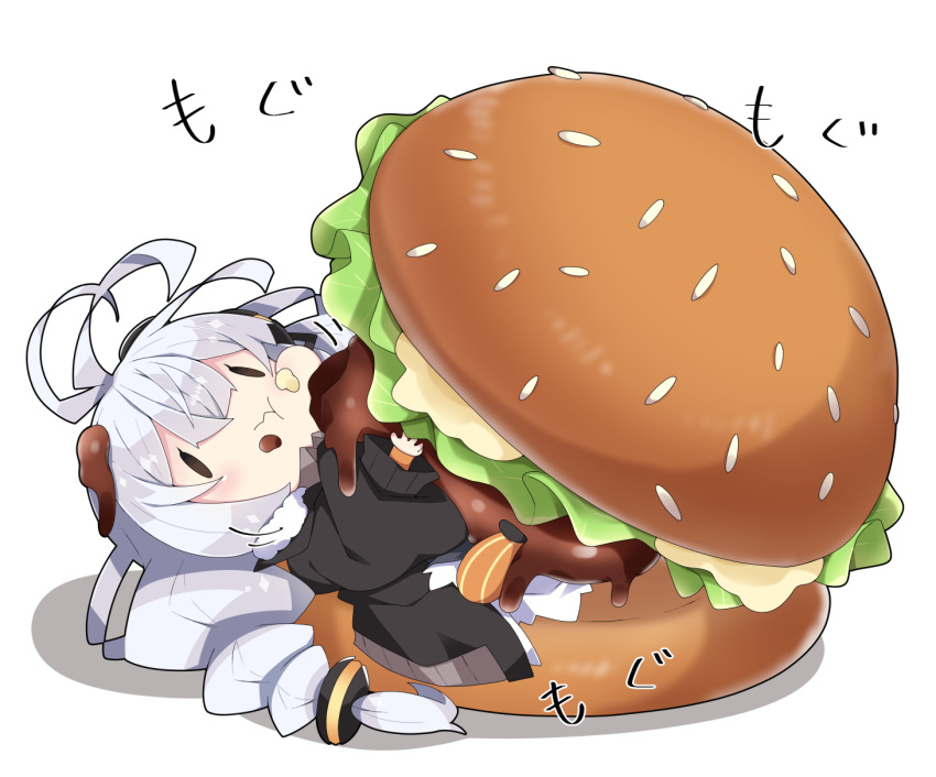 1girl :t antenna_hair bangs black_footwear black_jacket blush braid chibi closed_mouth commentary_request eating food food_on_face food_on_hair hair_between_eyes hair_ornament hamburger highres in_food jacket kizuna_akari long_hair long_sleeves milkpanda minigirl open_clothes open_jacket orange_legwear pantyhose puffy_long_sleeves puffy_sleeves shoe_soles silver_hair solid_oval_eyes solo striped striped_legwear twin_braids vertical-striped_legwear vertical_stripes very_long_hair voiceroid wavy_mouth white_background