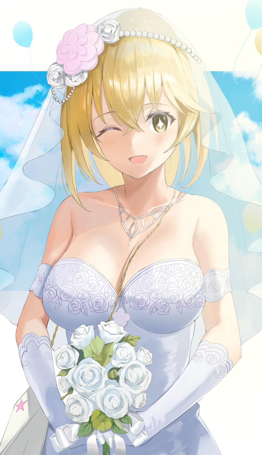 +_+ 1girl ;d armband bag balloon bangs bare_shoulders between_breasts blonde_hair bouquet breasts bridal_veil bride collarbone commentary dress elbow_gloves eyebrows_visible_through_hair floral_print flower gloves hair_between_eyes highres holding holding_bouquet jewelry large_breasts long_hair looking_at_viewer necklace one_eye_closed open_mouth rose shokuhou_misaki smile solo strap_between_breasts strapless strapless_dress to_aru_kagaku_no_railgun to_aru_majutsu_no_index tsukise_miwa upper_body veil wedding_dress white_flower white_gloves white_rose