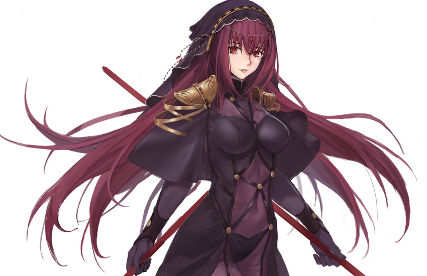 1girl asagami_(hnt16303310) black_capelet bodysuit capelet circlet cowboy_shot dual_wielding fate/grand_order fate_(series) gae_bolg gloves holding holding_spear holding_weapon long_hair looking_at_viewer polearm purple_bodysuit purple_gloves purple_hair red_eyes scathach_(fate)_(all) scathach_(fate/grand_order) shoulder_armor simple_background smile solo spear standing veil weapon white_background