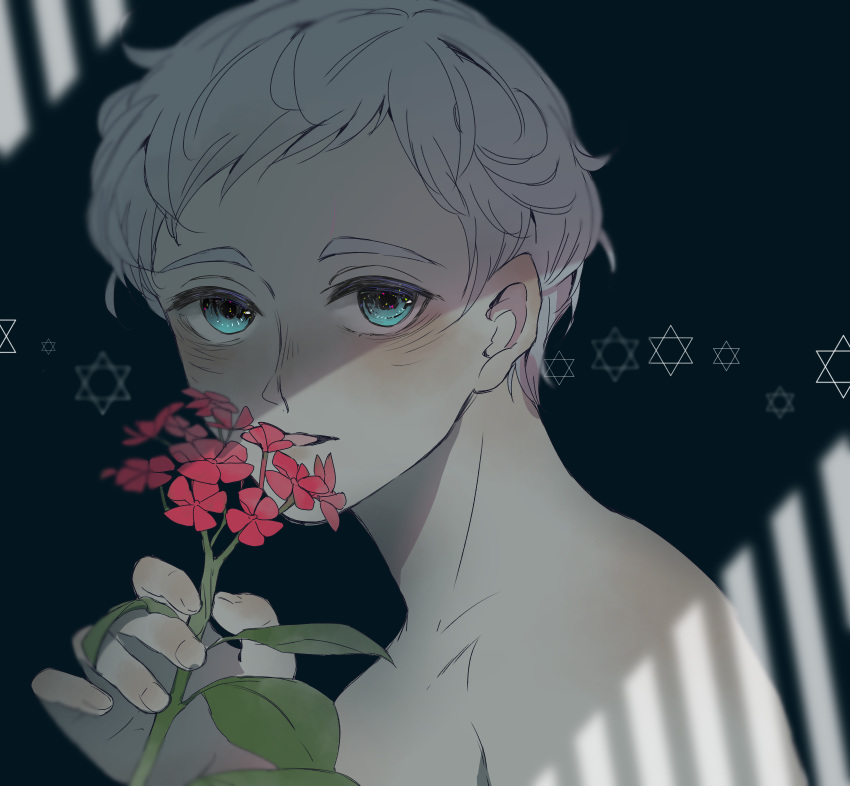 1boy aqua_eyes blue_eyes blush collarbone commentary_request flower from_side highres holding holding_flower light looking_at_viewer looking_to_the_side male_focus mao_(pixiv_id_21075262) norman_(yakusoku_no_neverland) parted_lips red_flower shaded_face shadow simple_background smelling solo thick_eyebrows upper_body white_hair yakusoku_no_neverland
