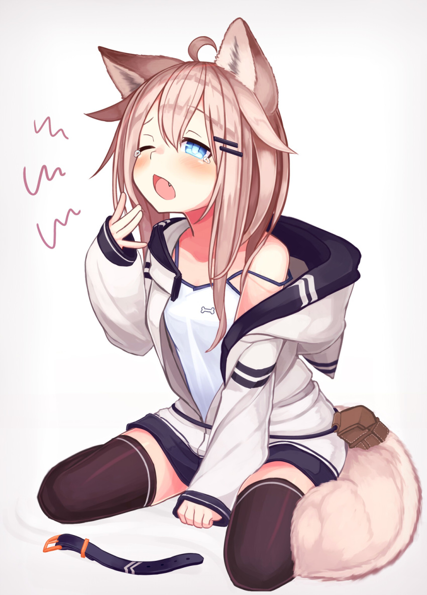 1girl animal_ears black_legwear blue_eyes bone_print breasts camisole collar dog_collar dog_ears dog_tail fang full_body highres hood hood_down hoodie light_brown_hair long_hair long_sleeves open_clothes open_hoodie open_mouth original partially_unzipped pet_collar pouch reitou_mikan sitting sleepy sleeves_past_wrists small_breasts tail tears thigh-highs wariza