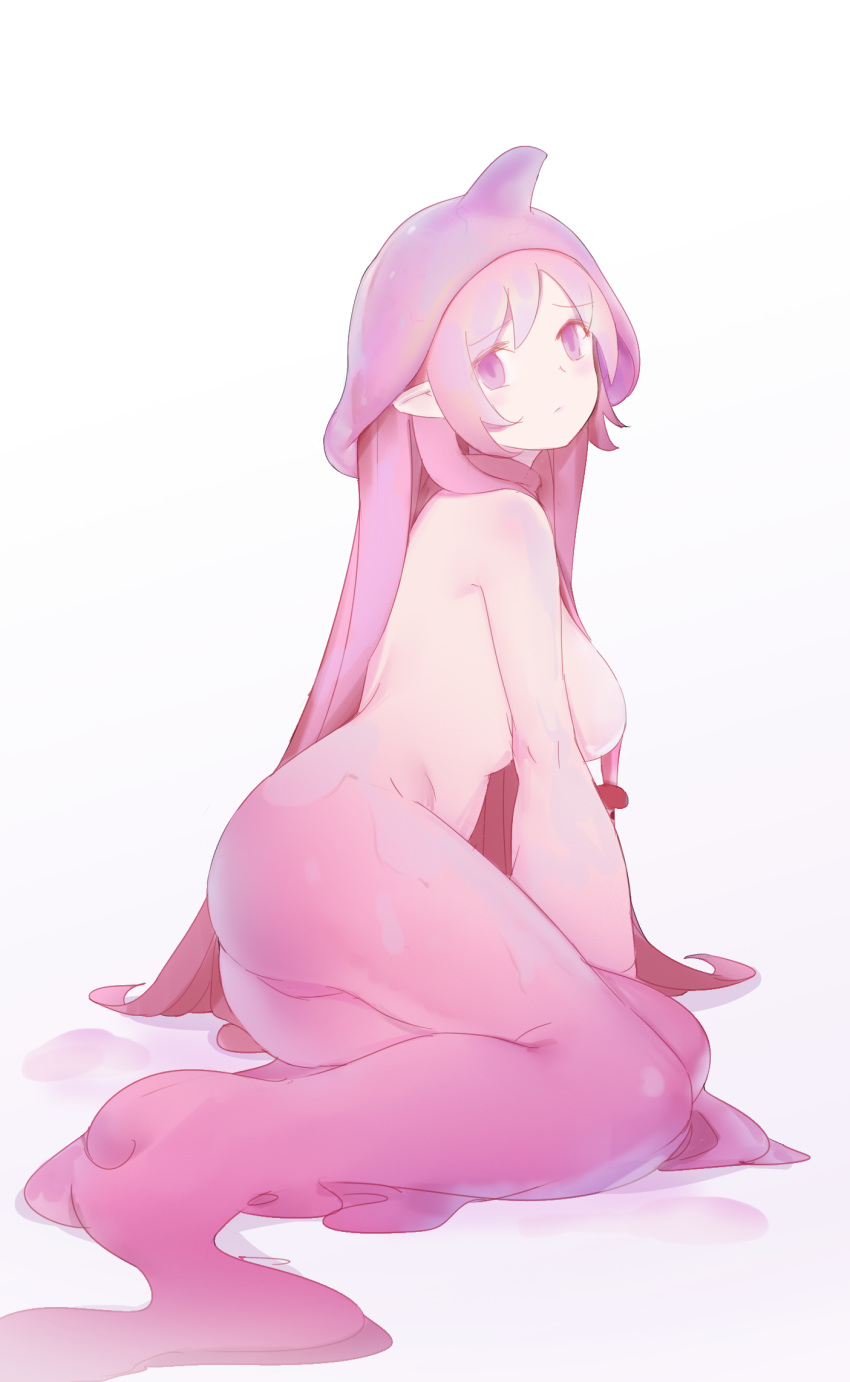1girl arm_support ass bangs blush breasts character_request full_body gaoerji hat highres kardia_tou_abel large_breasts leaning_to_the_side liquid long_hair looking_at_viewer monster_girl nude pink_eyes pink_hair pink_theme sidelocks simple_background sitting slime_girl solo transparent very_long_hair white_background