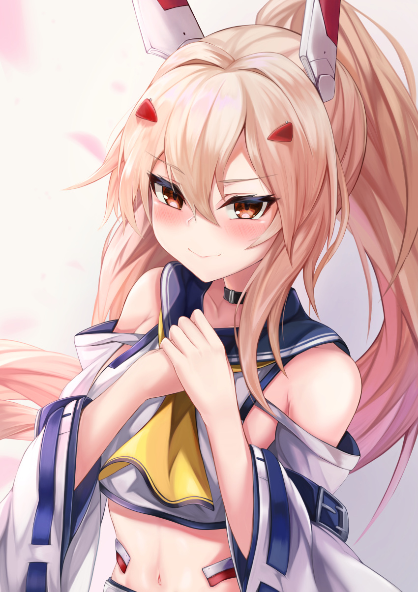 1girl absurdres ayanami_(azur_lane) azur_lane bangs bare_shoulders blush breasts choker collarbone commentary_request crop_top detached_sleeves eyebrows_visible_through_hair hair_between_eyes hands_together headgear highres long_hair looking_at_viewer navel neckerchief ponytail ryara shirt sidelocks simple_background small_breasts smile solo upper_body white_background white_shirt wide_sleeves yellow_neckwear