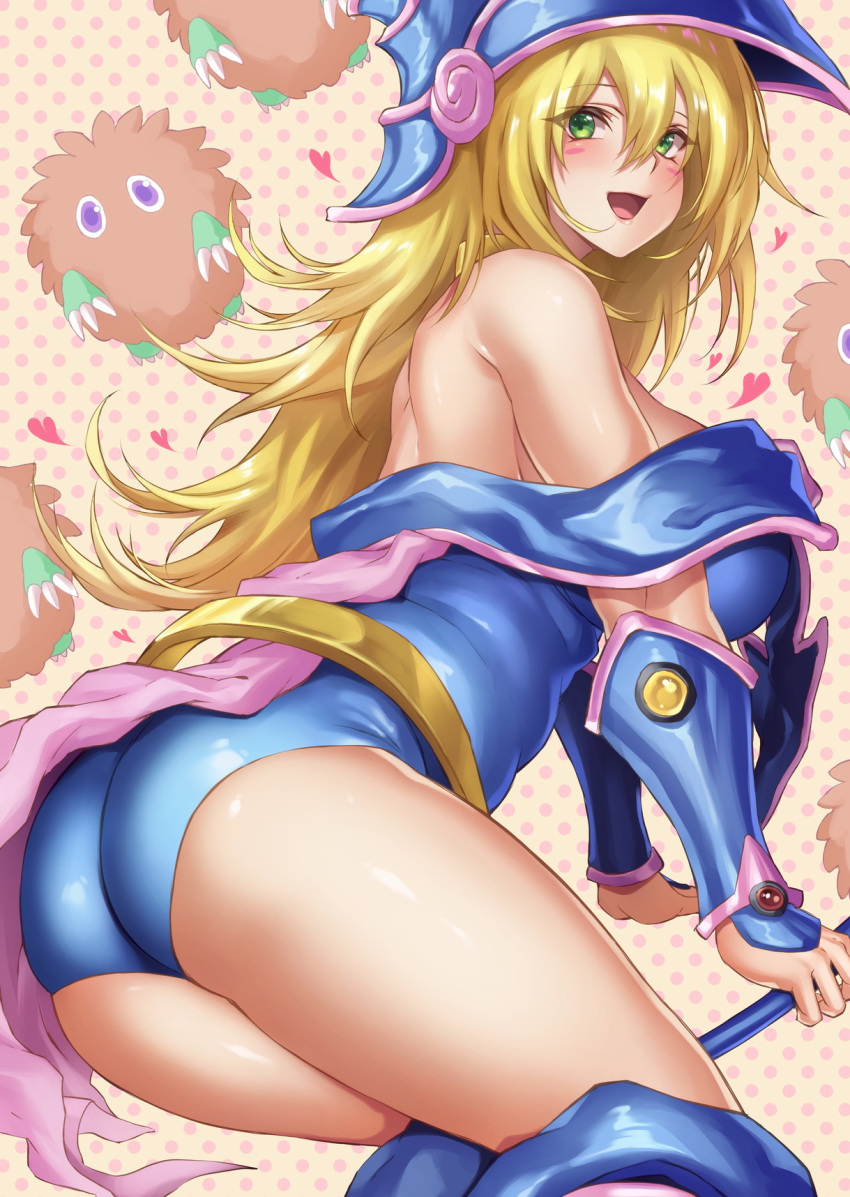 1girl :d ass bare_shoulders blonde_hair blue_footwear blush blush_stickers breasts dark_magician_girl dress duel_monster from_side green_eyes hair_between_eyes hat highres hikari_(komitiookami) kuriboh large_breasts long_hair looking_at_viewer looking_to_the_side off-shoulder_dress off_shoulder open_mouth smile solo vambraces wand wizard_hat yuu-gi-ou