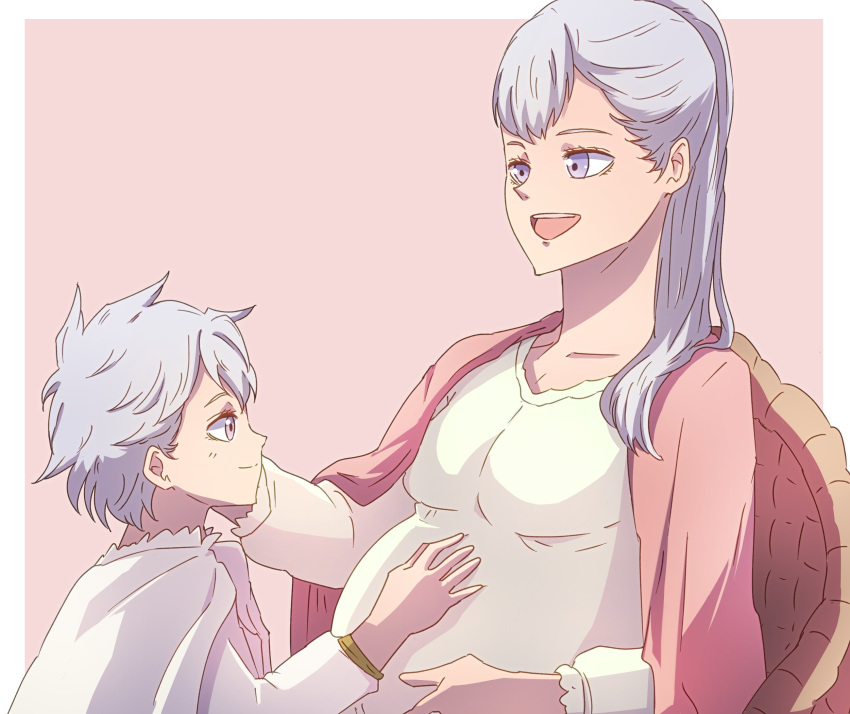 2girls acier_silva black_clover border cape chair hand_on_another's_head highres jinguu_(timaya) long_hair mother_and_daughter multiple_girls nebra_silva pink_background pink_cape pregnant shirt short_hair silver_hair sitting violet_eyes white_border white_cape white_shirt younger