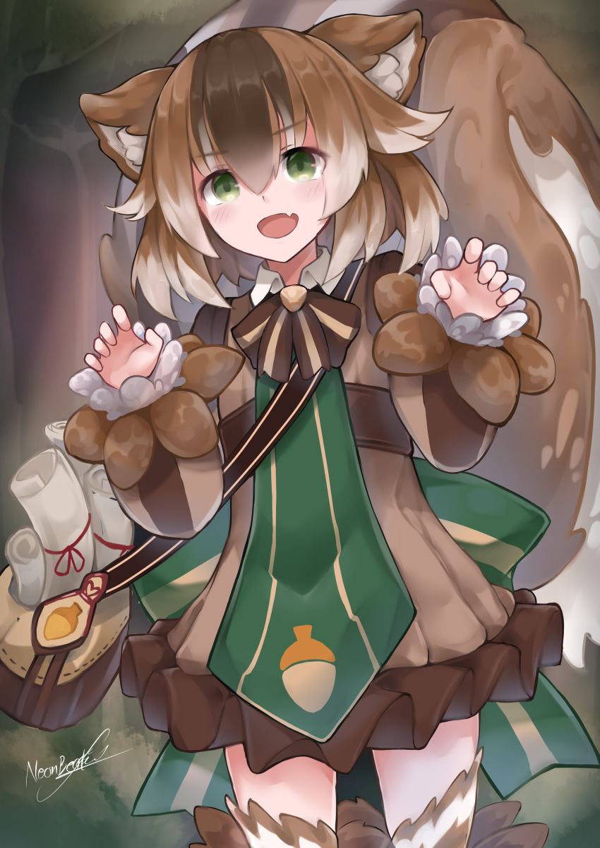 1girl :d absurdres acorn animal_ears bag bangs blush brown_dress brown_hair claw_pose commission dress eyebrows_visible_through_hair fang fur_trim green_eyes highres large_tail long_sleeves looking_at_viewer monster_girl monster_girl_encyclopedia multicolored_hair neonbeat open_mouth puffy_long_sleeves puffy_sleeves ratatoskr_(monster_girl_encyclopedia) scroll short_hair shoulder_bag signature skin_fang smile solo squirrel_ears squirrel_tail standing streaked_hair tail thigh-highs zettai_ryouiki