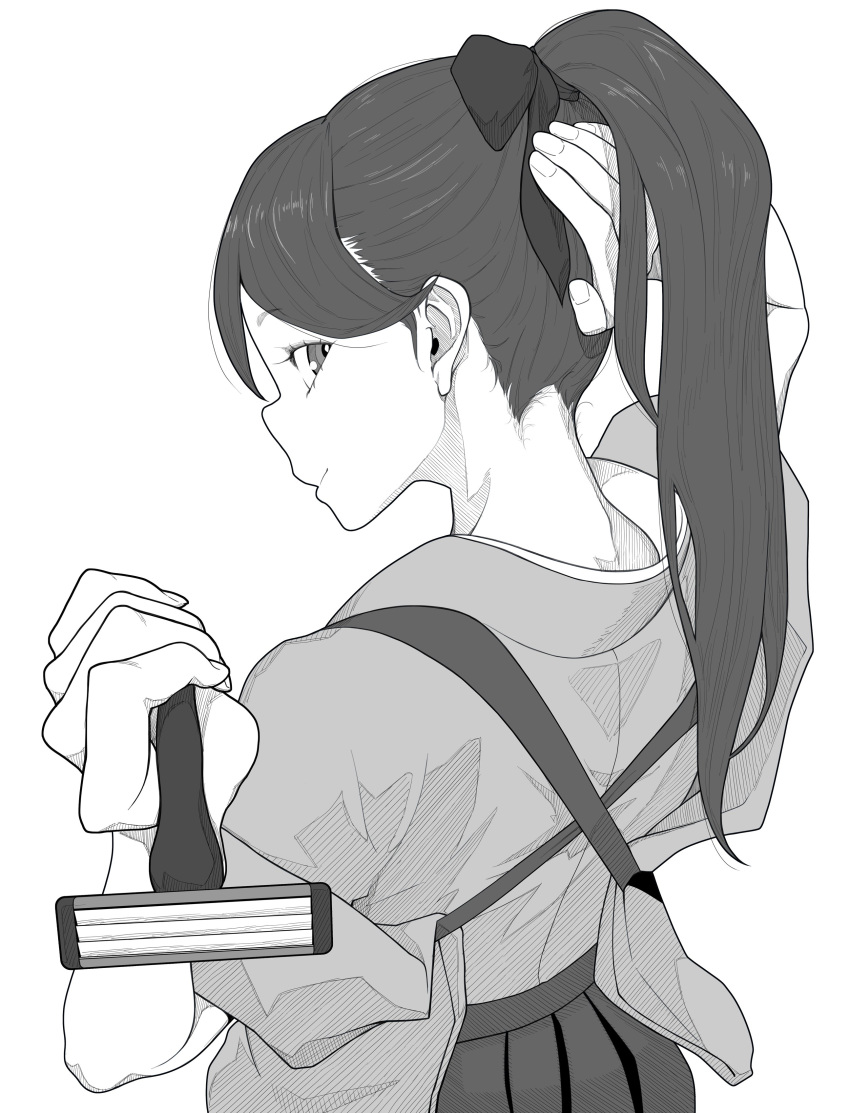 1girl absurdres bow closed_mouth foreshortening from_behind greyscale hair_bow hair_lift hakama hand_up highres holding houshou_(kantai_collection) japanese_clothes kantai_collection long_hair looking_at_viewer looking_back monochrome nape ponytail razor ringed_eyes simple_background smile solo tocky white_background