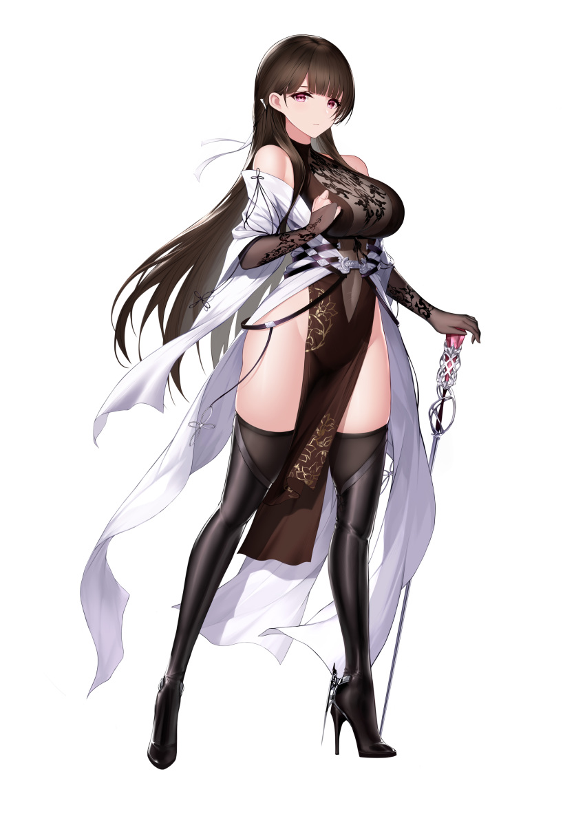 1girl absurdres an_yasuri bangs bare_shoulders black_legwear blunt_bangs breasts bridal_gauntlets brown_gloves brown_hair cane china_dress chinese_clothes commentary_request dress elbow_gloves full_body gloves hair_ribbon high_heels highres large_breasts long_hair looking_at_viewer off_shoulder original pelvic_curtain pink_eyes revision ribbon simple_background sleeveless sleeveless_dress solo standing thigh-highs thighs very_long_hair white_background white_ribbon