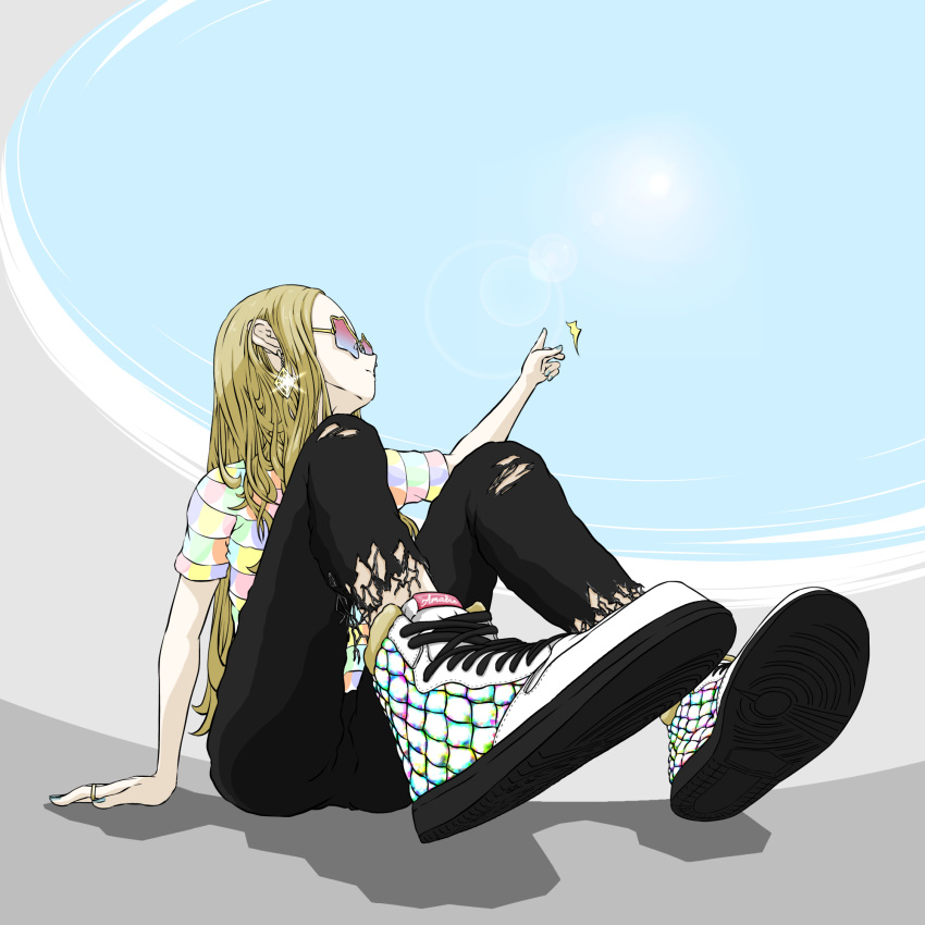 1girl black_pants blonde_hair day earrings foreshortening full_body glint hand_up haya-aporo highres jewelry long_hair looking_away outdoors pants shoes short_sleeves sitting sneakers solo sunglasses torn_clothes torn_pants white_footwear