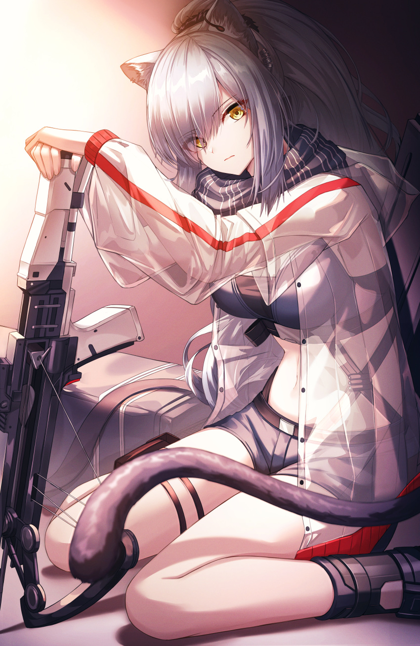 1girl absurdres animal_ear_fluff animal_ears arknights bangs bare_legs black_scarf bow_(weapon) breasts cat_ears cat_tail commentary cow-ring crop_top crossbow eyebrows_visible_through_hair grey_shorts head_tilt highres huge_filesize jacket large_breasts long_hair long_sleeves looking_at_viewer midriff navel open_clothes open_jacket planted_weapon scarf schwarz_(arknights) see-through shadow short_shorts shorts silver_hair sitting solo stomach tail thigh_strap thighs wariza weapon yellow_eyes